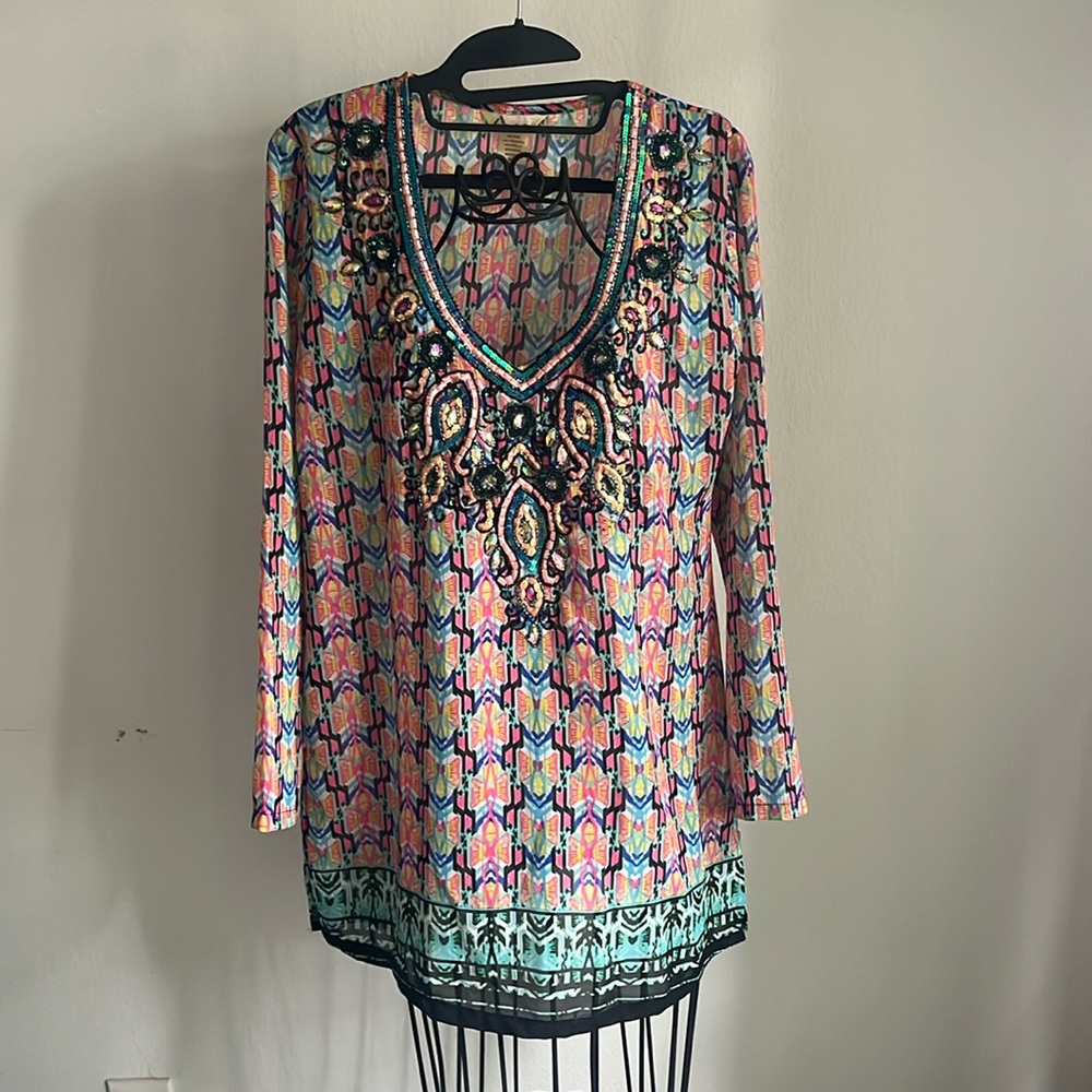 LUCKY COCO BEADED SEMI-SHEER TUNIC TOP S cover up
